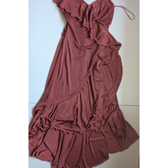 NWT By Anthropologie One-Shoulder Ruffled High-Low Midi Dress Sz XS Wine #8F504 - Picture 9 of 10